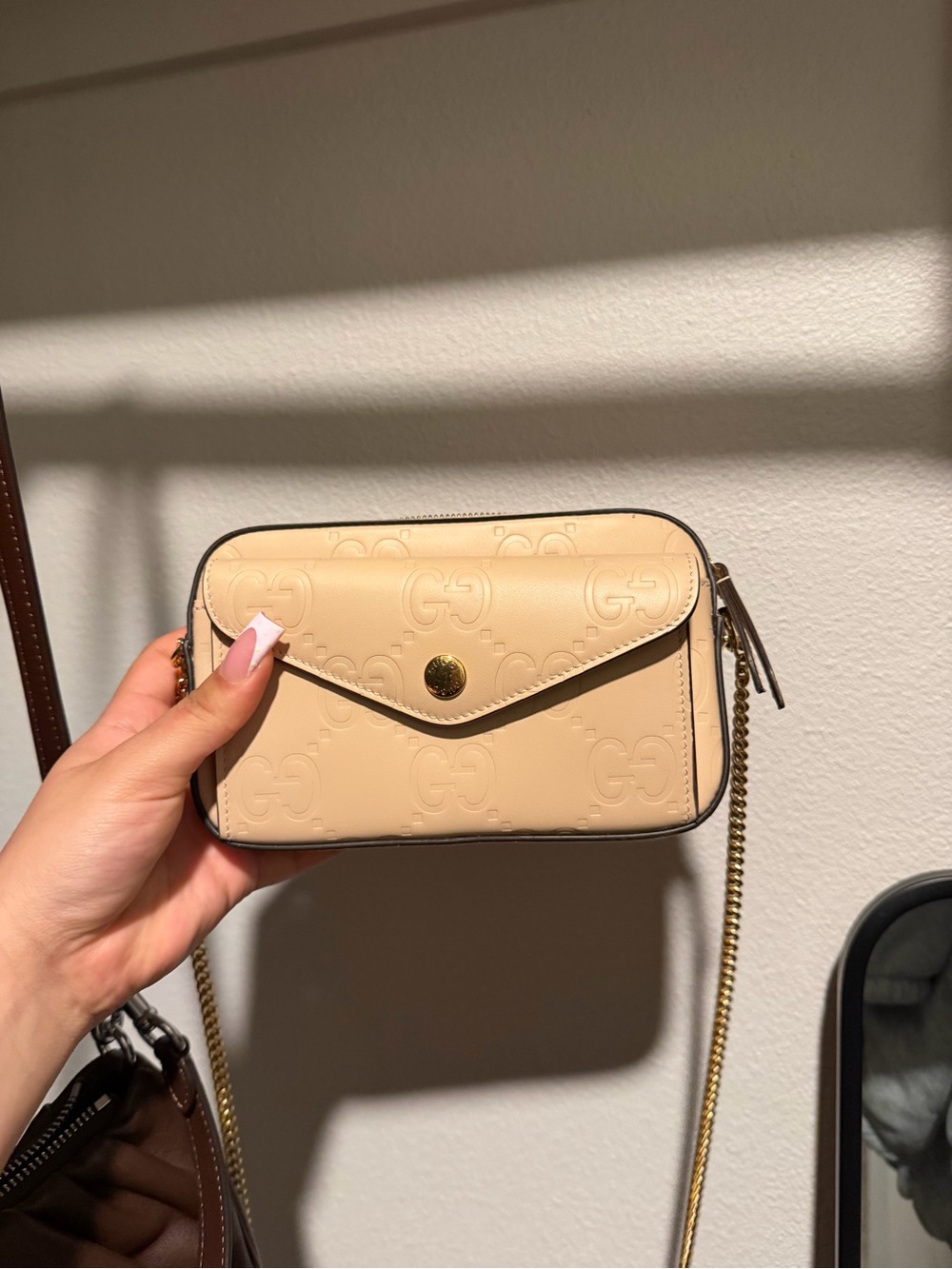 Gucci Beige Embossed GG Crossbody with Gold Chain